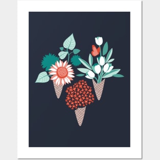 Midsummer I scream flower cones // print // green aqua and orange flowers bouquets Posters and Art